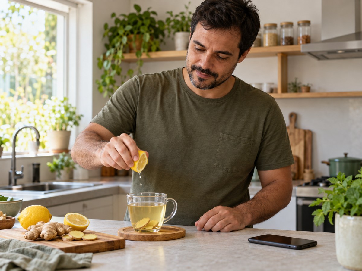 Homem preparando uma infusão na cozinha